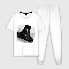 Мужская пижама хлопок с принтом Девушка под деревом в Новосибирске, 100% хлопок | брюки и футболка прямого кроя, без карманов, на брюках мягкая резинка на поясе и по низу штанин
 | Тематика изображения на принте: грусть | девушка | девушка под деревом | темное | черно белое