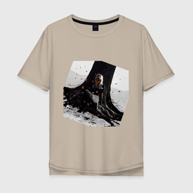 Мужская футболка хлопок Oversize с принтом Девушка под деревом в Новосибирске, 100% хлопок | свободный крой, круглый ворот, “спинка” длиннее передней части | грусть | девушка | девушка под деревом | темное | черно белое
