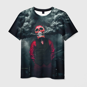 Мужская футболка 3D с принтом Smoke   Дым   Skull в Белгороде, 100% полиэфир | прямой крой, круглый вырез горловины, длина до линии бедер | Тематика изображения на принте: city | skull | smoke | город | дым | дымовушка | маска черепа | облака дыма | облако дыма | темнота | человек | череп