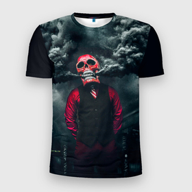 Мужская футболка 3D Slim с принтом Smoke   Дым   Skull в Белгороде, 100% полиэстер с улучшенными характеристиками | приталенный силуэт, круглая горловина, широкие плечи, сужается к линии бедра | Тематика изображения на принте: city | skull | smoke | город | дым | дымовушка | маска черепа | облака дыма | облако дыма | темнота | человек | череп
