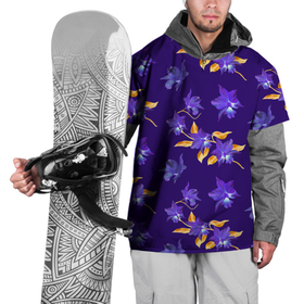 Накидка на куртку 3D с принтом Цветы Фиолетовые Ирисы На Синем Фоне , 100% полиэстер |  | Тематика изображения на принте: flowers | букет | ирисы | природа | растение | синий | фиолетовый | флора | цветы