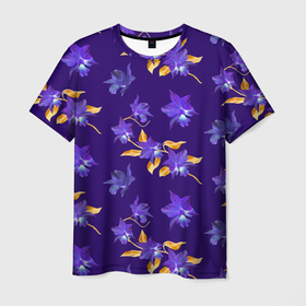 Мужская футболка 3D с принтом Цветы Фиолетовые Ирисы На Синем Фоне , 100% полиэфир | прямой крой, круглый вырез горловины, длина до линии бедер | Тематика изображения на принте: flowers | букет | ирисы | природа | растение | синий | фиолетовый | флора | цветы