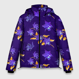 Мужская зимняя куртка 3D с принтом Цветы Фиолетовые Ирисы На Синем Фоне в Петрозаводске, верх — 100% полиэстер; подкладка — 100% полиэстер; утеплитель — 100% полиэстер | длина ниже бедра, свободный силуэт Оверсайз. Есть воротник-стойка, отстегивающийся капюшон и ветрозащитная планка. 

Боковые карманы с листочкой на кнопках и внутренний карман на молнии. | Тематика изображения на принте: flowers | букет | ирисы | природа | растение | синий | фиолетовый | флора | цветы