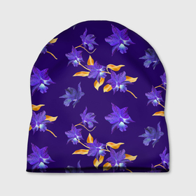 Шапка 3D с принтом Цветы Фиолетовые Ирисы На Синем Фоне в Петрозаводске, 100% полиэстер | универсальный размер, печать по всей поверхности изделия | flowers | букет | ирисы | природа | растение | синий | фиолетовый | флора | цветы