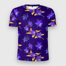 Мужская футболка 3D Slim с принтом Цветы Фиолетовые Ирисы На Синем Фоне , 100% полиэстер с улучшенными характеристиками | приталенный силуэт, круглая горловина, широкие плечи, сужается к линии бедра | Тематика изображения на принте: flowers | букет | ирисы | природа | растение | синий | фиолетовый | флора | цветы