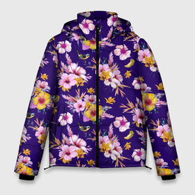 Мужская зимняя куртка 3D с принтом Цветы Разноцветные Гибискус и Ирисы На Синем Фоне в Новосибирске, верх — 100% полиэстер; подкладка — 100% полиэстер; утеплитель — 100% полиэстер | длина ниже бедра, свободный силуэт Оверсайз. Есть воротник-стойка, отстегивающийся капюшон и ветрозащитная планка. 

Боковые карманы с листочкой на кнопках и внутренний карман на молнии. | Тематика изображения на принте: flowers | букет | гибискус | ирисы | природа | разноцветные | растение | синий | флора | цветы