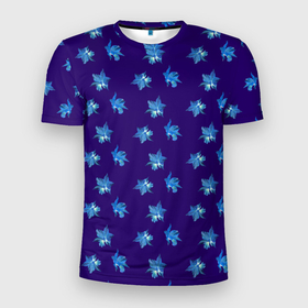 Мужская футболка 3D Slim с принтом Цветы Фиолето Белые Гибискус На Синем Фоне в Новосибирске, 100% полиэстер с улучшенными характеристиками | приталенный силуэт, круглая горловина, широкие плечи, сужается к линии бедра | flowers | белый | букет | гибискус | природа | растение | синий | фиолетовый | флора | цветы