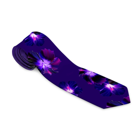 Галстук 3D с принтом Цветы Фиолетовые Гибискус На Синем Фоне в Курске, 100% полиэстер | Длина 148 см; Плотность 150-180 г/м2 | Тематика изображения на принте: flowers | букет | гибискус | природа | растение | синий | фиолетовый | флора | цветы