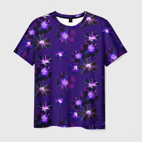 Мужская футболка 3D с принтом Цветы Фиолетовые Гибискус На Синем Фоне в Екатеринбурге, 100% полиэфир | прямой крой, круглый вырез горловины, длина до линии бедер | flowers | букет | гибискус | природа | растение | синий | фиолетовый | флора | цветы