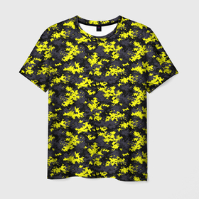Мужская футболка 3D с принтом Камуфляж Пиксельный Чёрно Жёлтый в Новосибирске, 100% полиэфир | прямой крой, круглый вырез горловины, длина до линии бедер | black | camo | yellow | жёлтый | камуфляж | пиксель | сamouflage | чёрный