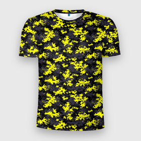 Мужская футболка 3D Slim с принтом Камуфляж Пиксельный Чёрно Жёлтый , 100% полиэстер с улучшенными характеристиками | приталенный силуэт, круглая горловина, широкие плечи, сужается к линии бедра | black | camo | yellow | жёлтый | камуфляж | пиксель | сamouflage | чёрный