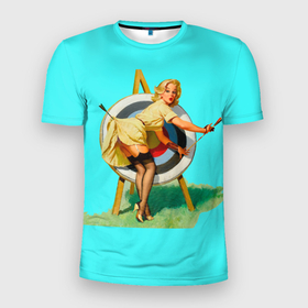 Мужская футболка 3D Slim с принтом CHARMING TARGET в Белгороде, 100% полиэстер с улучшенными характеристиками | приталенный силуэт, круглая горловина, широкие плечи, сужается к линии бедра | девушка | мишень | очаровательная | ретро | стрелы | цель