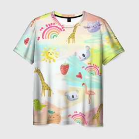 Мужская футболка 3D с принтом Красочные  животные , 100% полиэфир | прямой крой, круглый вырез горловины, длина до линии бедер | animal | арбуз | животные | жираф | коала | кошка | лето | утка