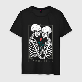Мужская футболка хлопок с принтом Lovers навсегда в Новосибирске, 100% хлопок | прямой крой, круглый вырез горловины, длина до линии бедер, слегка спущенное плечо. | love | день всех влюбленных | лав | любовь до гроба | розы | скелет | скелеты