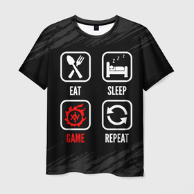Мужская футболка 3D с принтом Eat, Sleep, Final Fantasy, Repeat в Петрозаводске, 100% полиэфир | прямой крой, круглый вырез горловины, длина до линии бедер | eat sleep repeat | fantasy | final | final fantasy | logo | игра | игры | краска | лого | логотип | последняя | символ | файнал | фантазия | фентези