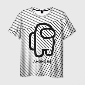 Мужская футболка 3D с принтом Символ Among Us на светлом фоне с полосами в Екатеринбурге, 100% полиэфир | прямой крой, круглый вырез горловины, длина до линии бедер | among us | logo | амонг ас | игра | игры | лого | логотип | огонь | пламя | символ