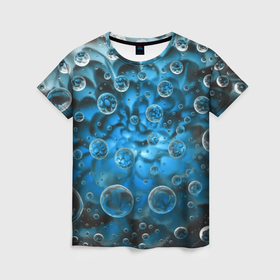Женская футболка 3D с принтом Подводный цветок и пузыри в Кировске, 100% полиэфир ( синтетическое хлопкоподобное полотно) | прямой крой, круглый вырез горловины, длина до линии бедер | девушкам | для девочек | для девушек | лепестки | пузыри | синий | цветок