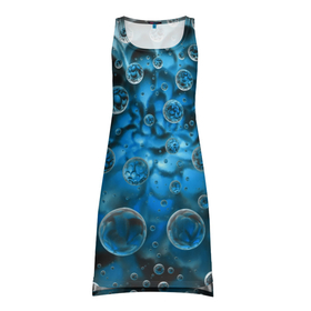 Платье-майка 3D с принтом Подводный цветок и пузыри в Петрозаводске, 100% полиэстер | полуприлегающий силуэт, широкие бретели, круглый вырез горловины, удлиненный подол сзади. | девушкам | для девочек | для девушек | лепестки | пузыри | синий | цветок