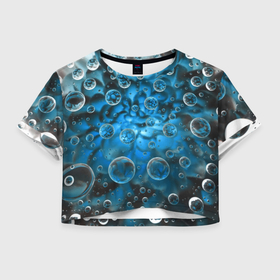 Женская футболка Crop-top 3D с принтом Подводный цветок и пузыри в Белгороде, 100% полиэстер | круглая горловина, длина футболки до линии талии, рукава с отворотами | девушкам | для девочек | для девушек | лепестки | пузыри | синий | цветок