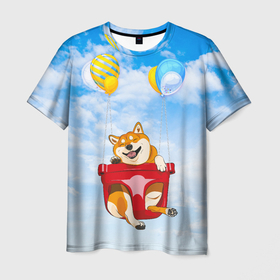 Мужская футболка 3D с принтом Летающая Сиба Ину в Тюмени, 100% полиэфир | прямой крой, круглый вырез горловины, длина до линии бедер | dog | shiba | shiba inu | сиба | сиба ину | японская собака