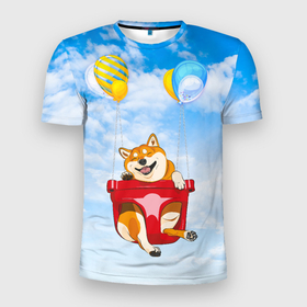 Мужская футболка 3D Slim с принтом Летающая Сиба Ину в Тюмени, 100% полиэстер с улучшенными характеристиками | приталенный силуэт, круглая горловина, широкие плечи, сужается к линии бедра | Тематика изображения на принте: dog | shiba | shiba inu | сиба | сиба ину | японская собака