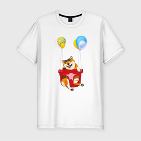 Мужская футболка хлопок Slim с принтом Сиба летит на шариках в Новосибирске, 92% хлопок, 8% лайкра | приталенный силуэт, круглый вырез ворота, длина до линии бедра, короткий рукав | dog | shiba | shiba inu | сиба | сиба ину | японская собака