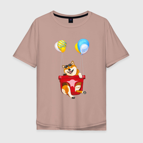 Мужская футболка хлопок Oversize с принтом Сиба летит на шариках в Курске, 100% хлопок | свободный крой, круглый ворот, “спинка” длиннее передней части | dog | shiba | shiba inu | сиба | сиба ину | японская собака