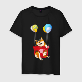 Мужская футболка хлопок с принтом Сиба летит на шариках в Курске, 100% хлопок | прямой крой, круглый вырез горловины, длина до линии бедер, слегка спущенное плечо. | dog | shiba | shiba inu | сиба | сиба ину | японская собака