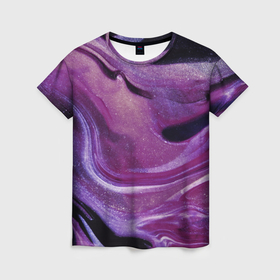 Женская футболка 3D с принтом Фиолетовая текстура в Санкт-Петербурге, 100% полиэфир ( синтетическое хлопкоподобное полотно) | прямой крой, круглый вырез горловины, длина до линии бедер | блестки | волны | девочкам | девушкам | для девочек | для девушек | краска | разводы | текстура | темная | фиолетовый | флюиды | цветная | частицы