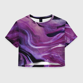 Женская футболка Crop-top 3D с принтом Фиолетовая текстура в Санкт-Петербурге, 100% полиэстер | круглая горловина, длина футболки до линии талии, рукава с отворотами | блестки | волны | девочкам | девушкам | для девочек | для девушек | краска | разводы | текстура | темная | фиолетовый | флюиды | цветная | частицы