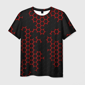 Мужская футболка 3D с принтом НАНОКОСТЮМ   Black and Red Hexagon   Гексагоны в Курске, 100% полиэфир | прямой крой, круглый вырез горловины, длина до линии бедер | abstract | black and red hexagon | carbon | hexagon | nano | nanosuit | абстракция | броня | гексагон | гексагон фон | гексагоны | карбон | корбон | нано | нанокостюм | нанокостюм из crysis | шестиугольники
