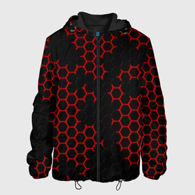 Мужская куртка 3D с принтом НАНОКОСТЮМ   Black and Red Hexagon   Гексагоны в Курске, ткань верха — 100% полиэстер, подклад — флис | прямой крой, подол и капюшон оформлены резинкой с фиксаторами, два кармана без застежек по бокам, один большой потайной карман на груди. Карман на груди застегивается на липучку | abstract | black and red hexagon | carbon | hexagon | nano | nanosuit | абстракция | броня | гексагон | гексагон фон | гексагоны | карбон | корбон | нано | нанокостюм | нанокостюм из crysis | шестиугольники
