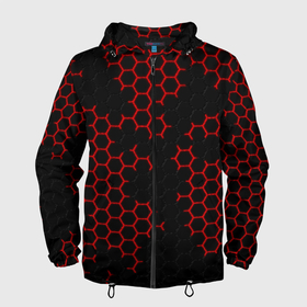 Мужская ветровка 3D с принтом НАНОКОСТЮМ   Black and Red Hexagon   Гексагоны в Новосибирске, 100% полиэстер | подол и капюшон оформлены резинкой с фиксаторами, два кармана без застежек по бокам, один потайной карман на груди | abstract | black and red hexagon | carbon | hexagon | nano | nanosuit | абстракция | броня | гексагон | гексагон фон | гексагоны | карбон | корбон | нано | нанокостюм | нанокостюм из crysis | шестиугольники