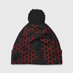 Шапка 3D c помпоном с принтом НАНОКОСТЮМ   Black and Red Hexagon   Гексагоны в Санкт-Петербурге, 100% полиэстер | универсальный размер, печать по всей поверхности изделия | Тематика изображения на принте: abstract | black and red hexagon | carbon | hexagon | nano | nanosuit | абстракция | броня | гексагон | гексагон фон | гексагоны | карбон | корбон | нано | нанокостюм | нанокостюм из crysis | шестиугольники