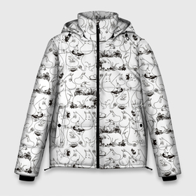Мужская зимняя куртка 3D с принтом Приключение Муми троллей в Тюмени, верх — 100% полиэстер; подкладка — 100% полиэстер; утеплитель — 100% полиэстер | длина ниже бедра, свободный силуэт Оверсайз. Есть воротник-стойка, отстегивающийся капюшон и ветрозащитная планка. 

Боковые карманы с листочкой на кнопках и внутренний карман на молнии. | Тематика изображения на принте: книга | мультфильм | муми тролли | муми тролль | паттерн | персонажи | приключения | туве | цветы