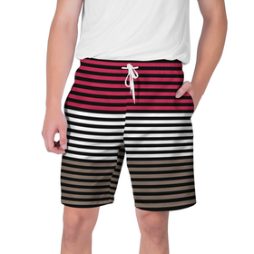 Мужские шорты 3D с принтом Красно коричневый полосатый узор ,  полиэстер 100% | прямой крой, два кармана без застежек по бокам. Мягкая трикотажная резинка на поясе, внутри которой широкие завязки. Длина чуть выше колен | striped pattern | stripes | коричневый | красный | полосы | черные полосы