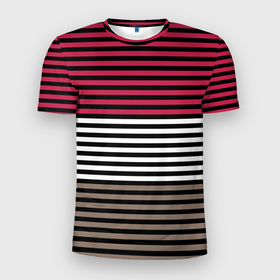 Мужская футболка 3D Slim с принтом Красно коричневый полосатый узор в Санкт-Петербурге, 100% полиэстер с улучшенными характеристиками | приталенный силуэт, круглая горловина, широкие плечи, сужается к линии бедра | striped pattern | stripes | коричневый | красный | полосы | черные полосы