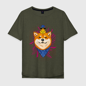 Мужская футболка хлопок Oversize с принтом Сиба c банданой и уткой на голове в Санкт-Петербурге, 100% хлопок | свободный крой, круглый ворот, “спинка” длиннее передней части | shiba | shiba inu | сиба | сиба ину | собака | утка в очках | японская собака