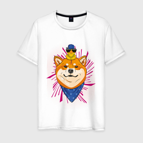 Мужская футболка хлопок с принтом Сиба c банданой и уткой на голове в Новосибирске, 100% хлопок | прямой крой, круглый вырез горловины, длина до линии бедер, слегка спущенное плечо. | shiba | shiba inu | сиба | сиба ину | собака | утка в очках | японская собака