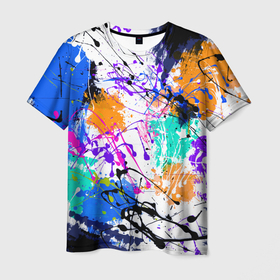 Мужская футболка 3D с принтом Брызги и мазки  разноцветных красок на белом фоне в Курске, 100% полиэфир | прямой крой, круглый вырез горловины, длина до линии бедер | paints | splatter | stains | абстракция | брызги | краски | красочные пятна | пятна | разноцветные пятна