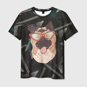 Мужская футболка 3D с принтом довольный пес  с высунутым языком в Санкт-Петербурге, 100% полиэфир | прямой крой, круглый вырез горловины, длина до линии бедер | довольный | довольный пес | пес | с высунутым языком | собака | собачка