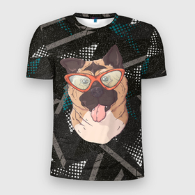 Мужская футболка 3D Slim с принтом довольный пес  с высунутым языком в Новосибирске, 100% полиэстер с улучшенными характеристиками | приталенный силуэт, круглая горловина, широкие плечи, сужается к линии бедра | довольный | довольный пес | пес | с высунутым языком | собака | собачка