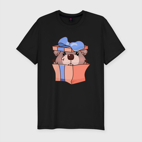 Мужская футболка хлопок Slim с принтом Бобер в подарочной коробке в Екатеринбурге, 92% хлопок, 8% лайкра | приталенный силуэт, круглый вырез ворота, длина до линии бедра, короткий рукав | бобер | грызун | день рождения | подарок | праздник