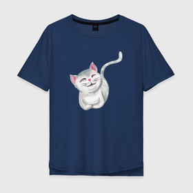 Мужская футболка хлопок Oversize с принтом Довольная серая кошечка , 100% хлопок | свободный крой, круглый ворот, “спинка” длиннее передней части | кот | котенок | котик | кошка | серая кошечка | серая кошка