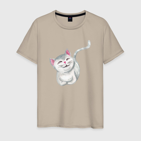 Мужская футболка хлопок с принтом Довольная серая кошечка в Тюмени, 100% хлопок | прямой крой, круглый вырез горловины, длина до линии бедер, слегка спущенное плечо. | кот | котенок | котик | кошка | серая кошечка | серая кошка