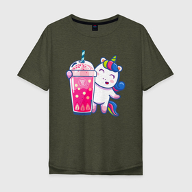 Мужская футболка хлопок Oversize с принтом Молочный чай с пузырьками и единорожка в Курске, 100% хлопок | свободный крой, круглый ворот, “спинка” длиннее передней части | bubble | bubble tea | unicorn | единорог | единороги | индрик | инрог | конь | лошадь | мифическое существо | молочный чай | с пузырьками | юникорн