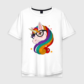 Мужская футболка хлопок Oversize с принтом Единорожка в очках в Тюмени, 100% хлопок | свободный крой, круглый ворот, “спинка” длиннее передней части | unicorn | единорог | единороги | индрик | инрог | конь | лошадь | мифическое существо | юникорн