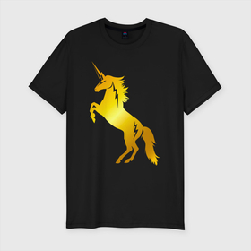 Мужская футболка хлопок Slim с принтом Золотой единорог молния , 92% хлопок, 8% лайкра | приталенный силуэт, круглый вырез ворота, длина до линии бедра, короткий рукав | unicorn | единорог | единороги | индрик | инрог | конь | лошадь | мифическое существо | юникорн
