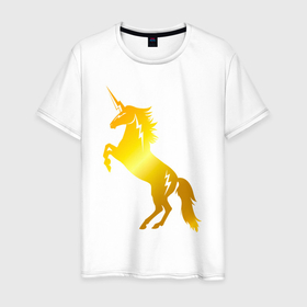 Мужская футболка хлопок с принтом Золотой единорог молния , 100% хлопок | прямой крой, круглый вырез горловины, длина до линии бедер, слегка спущенное плечо. | unicorn | единорог | единороги | индрик | инрог | конь | лошадь | мифическое существо | юникорн
