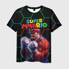 Мужская футболка 3D с принтом ММАРИО   ММА   Супер Марио   Super Mario в Тюмени, 100% полиэфир | прямой крой, круглый вырез горловины, длина до линии бедер | Тематика изображения на принте: 8 бит | mario | mma | super mario | бои без правил | гексагоны | денди | игра марио | качок | луиджи | мма | ммарио | надпись марио | нинтендо | сега | супер марио | супер ммарио | шестиугольники